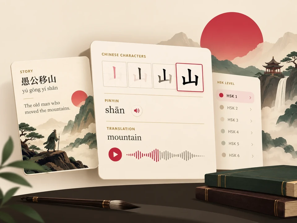 Урок в Mythic Mandarin с китайски йероглифи, пинин, превод и упражнение със звук.